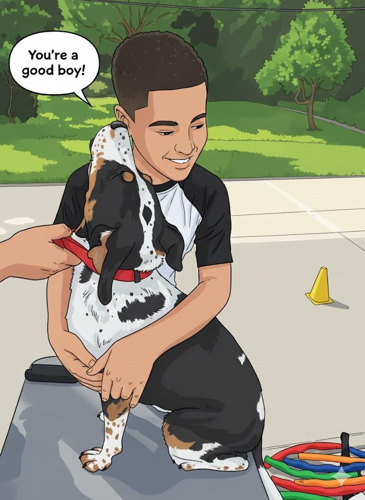 Illustration of a child connecting calmly with a dog