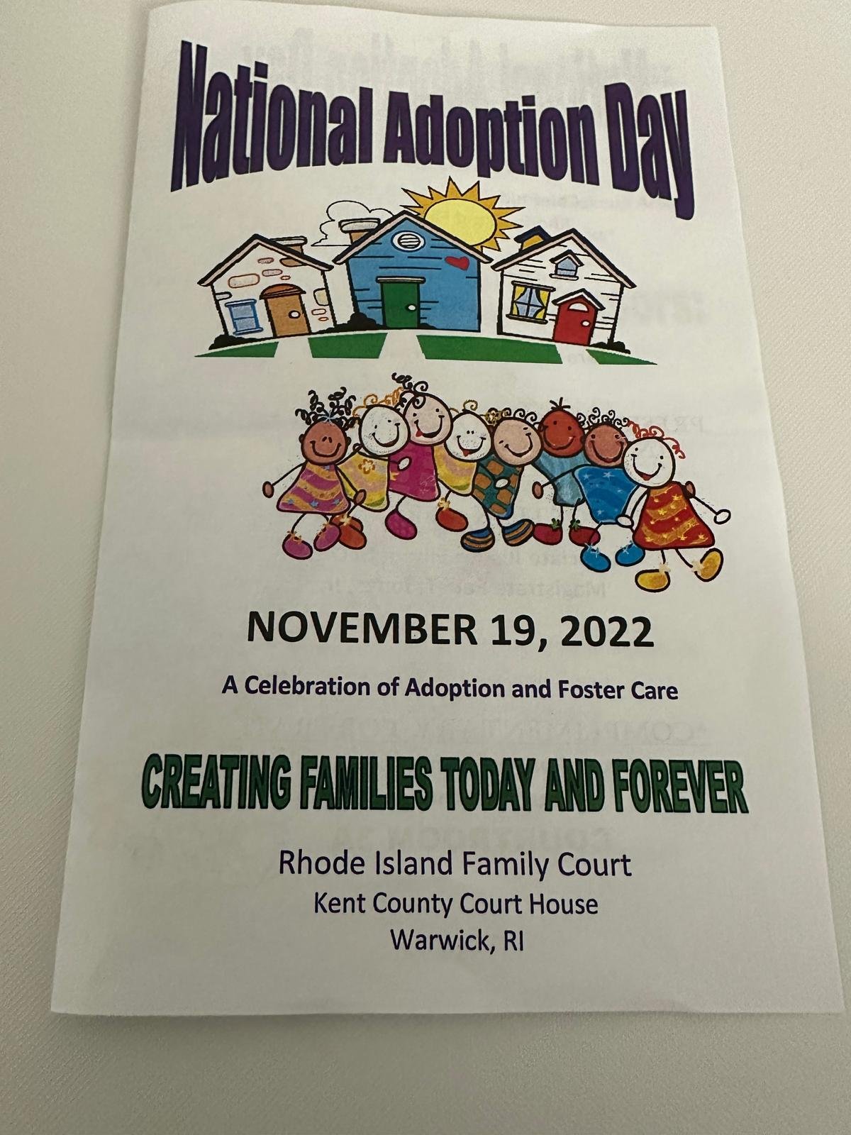 National Adoption Day poster for Rhode Island Family Court at Kent County Court House in 2022